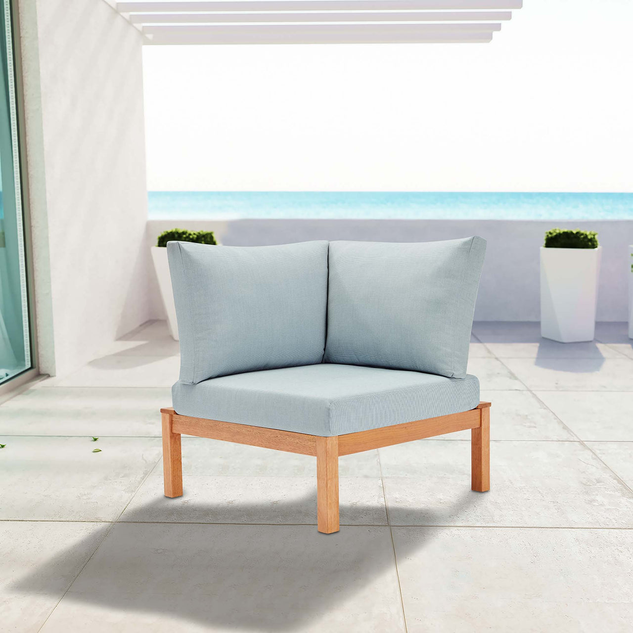 Bravari Karri Wood Alfresco Corner Chair | Outdoor Modular Sectional Component, Natural Wood & Light Blue