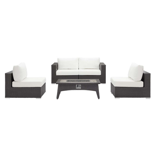 Conversation 5-Piece Set Alfresco Sectional with Fire Pit, Espresso & White