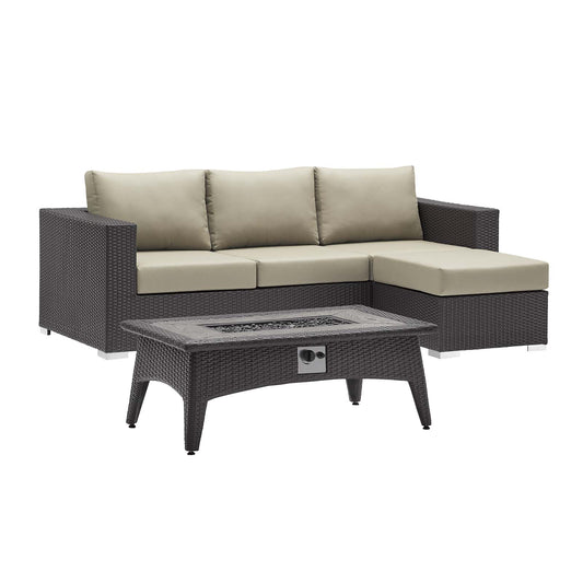 Conversation 3-Piece Set Alfresco Sectional with Fire Pit, Espresso & Beige