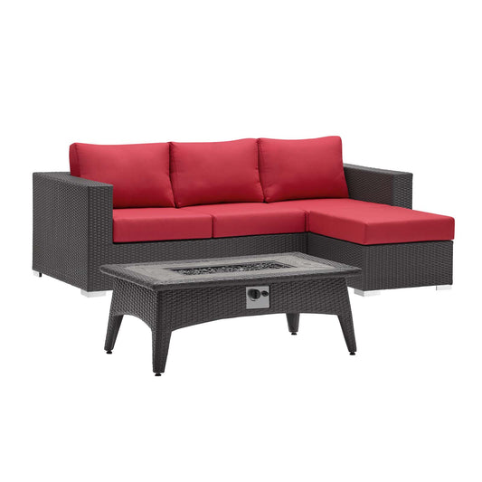 Conversation 3-Piece Set Alfresco Sectional with Fire Pit, Espresso & Red