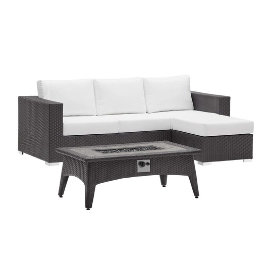 Conversation 3-Piece Set Alfresco Sectional with Fire Pit, Espresso & White