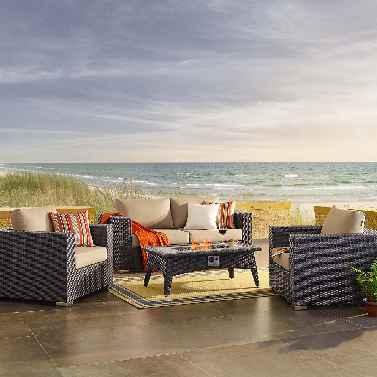 Conversation 4-Piece Set Alfresco with Fire Pit, Espresso & Beige