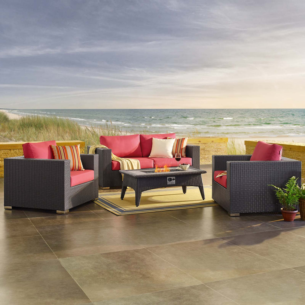 Conversation 4-Piece Set Alfresco with Fire Pit, Espresso & Red