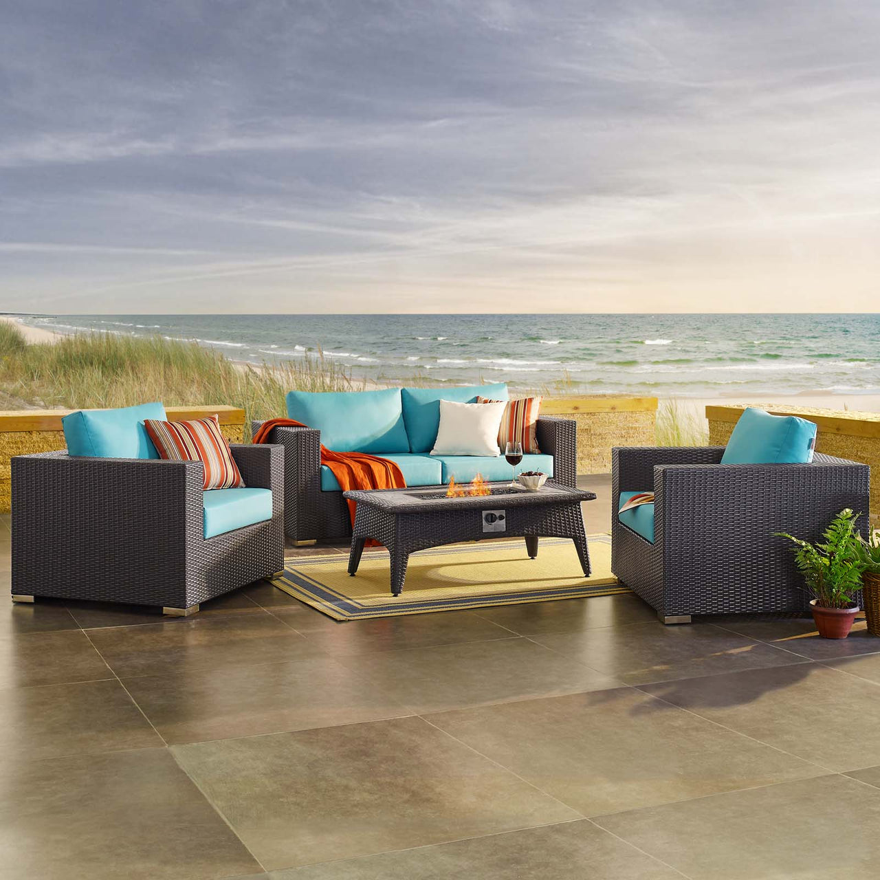 Conversation 4-Piece Set Alfresco with Fire Pit, Espresso & Turquoise