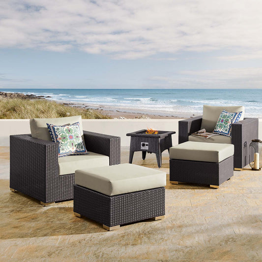 Convene 5 Piece Set Outdoor Patio with Fire Pit, Espresso & Beige