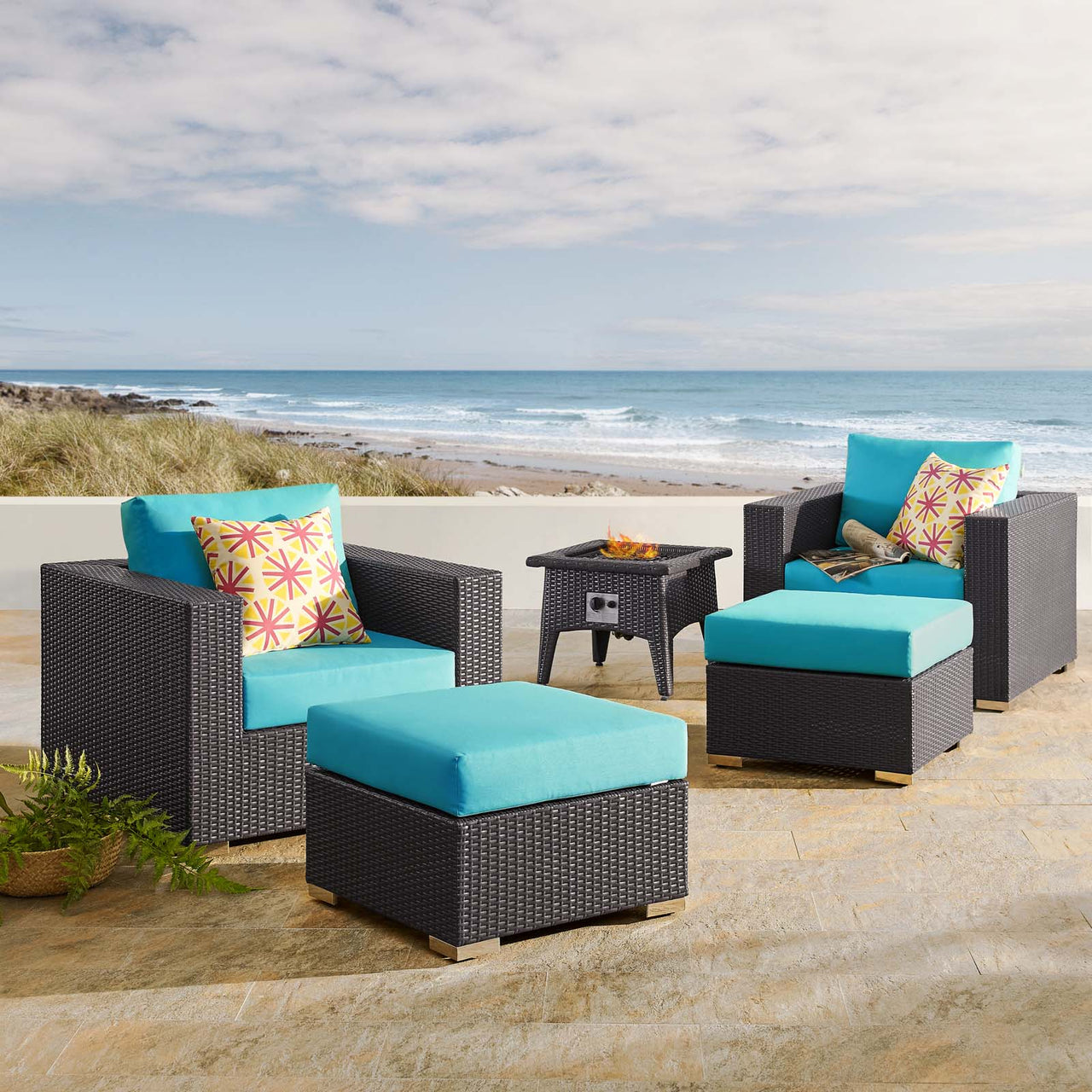 Conversation 5-Piece Set Alfresco with Fire Pit, Espresso & Turquoise