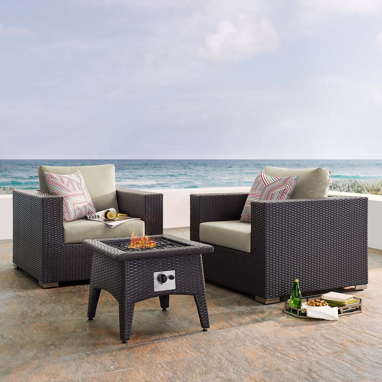 Conversation 3-Piece Set Alfresco with Fire Pit, Espresso & Beige