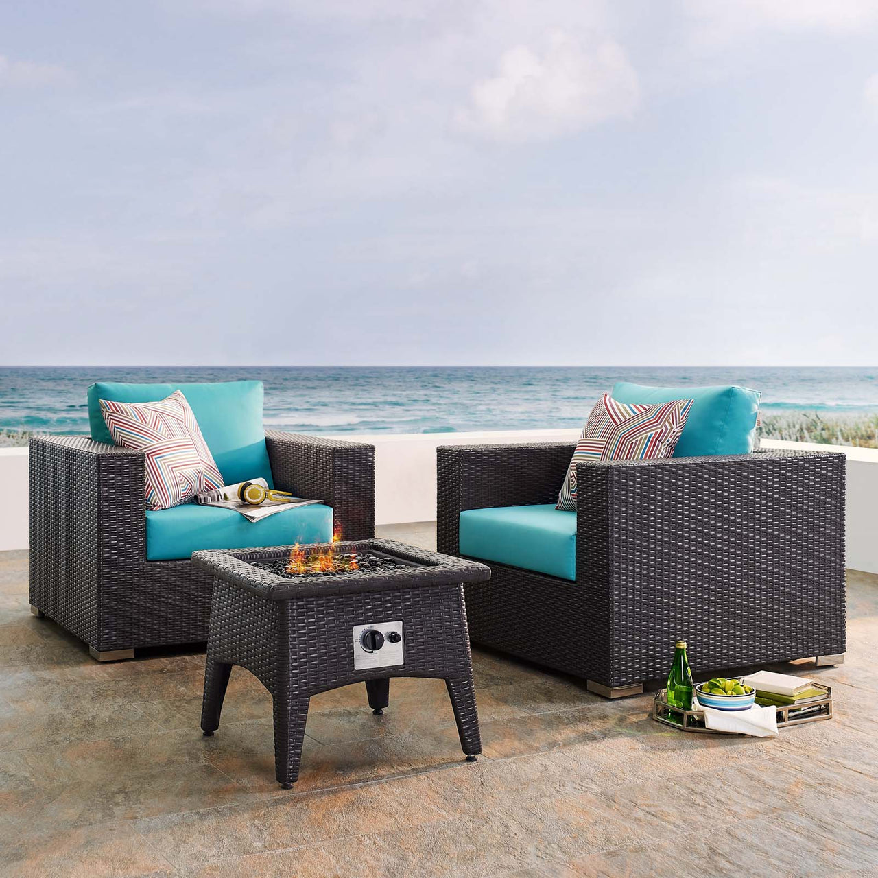 Conversation 3-Piece Set Alfresco with Fire Pit, Espresso & Turquoise