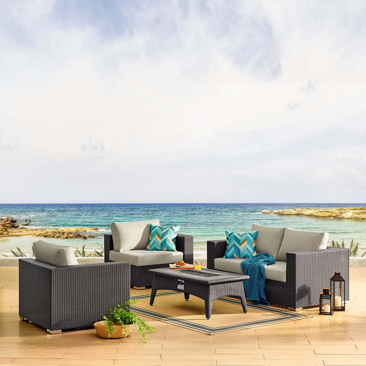 Conversation 5-Piece Set Alfresco with Fire Pit, Espresso & Beige