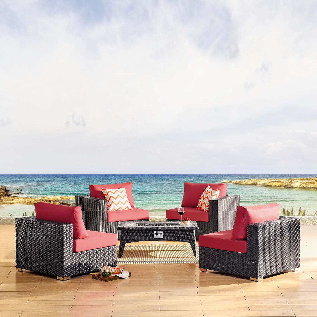 Conversation 5-Piece Set Alfresco with Fire Pit, Espresso & Red