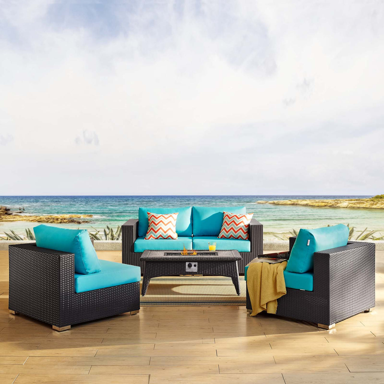 Conversation 5-Piece Set Alfresco with Fire Pit, Espresso & Turquoise