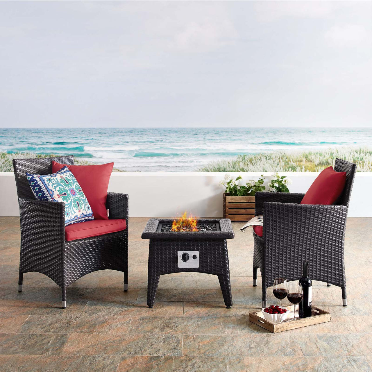 Conversation 3-Piece Set Alfresco with Fire Pit, Espresso & Red