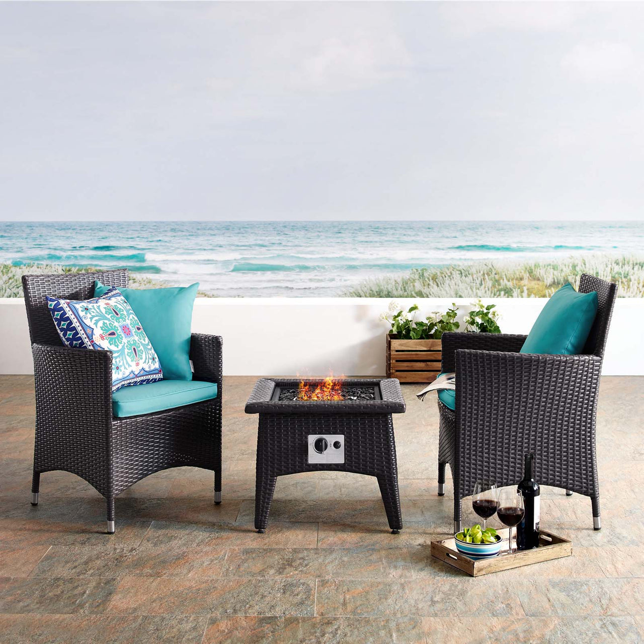 Conversation 3-Piece Set Alfresco with Fire Pit, Espresso & Turquoise