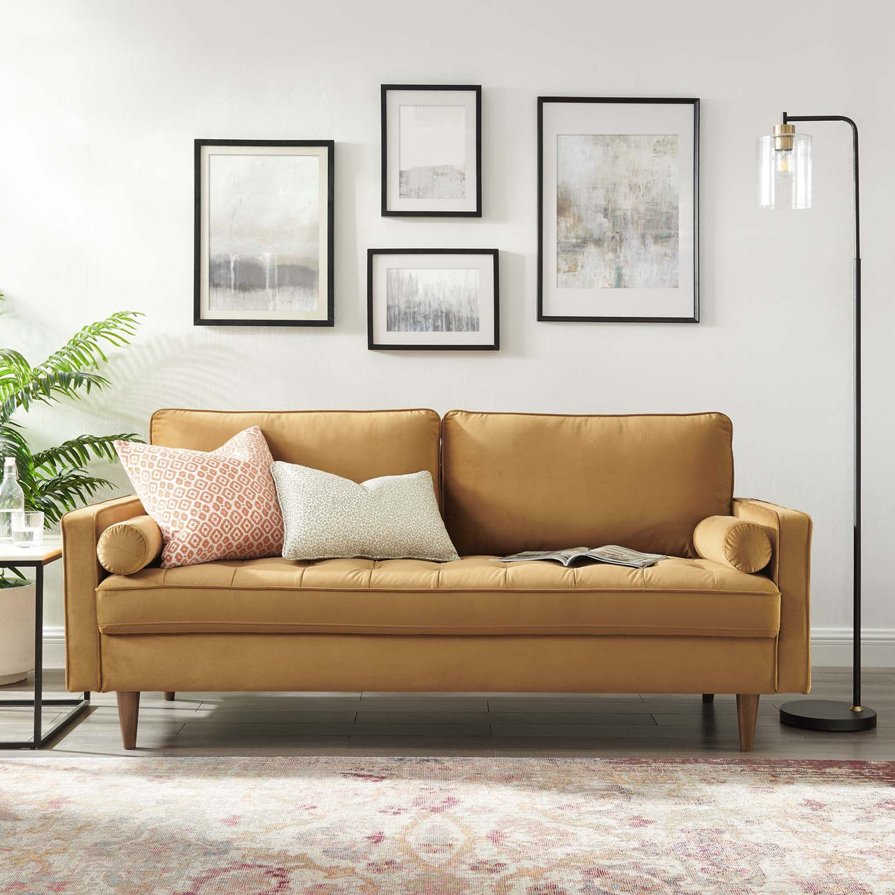 Bravien Upholstered Velvet Sofa, Cognac
