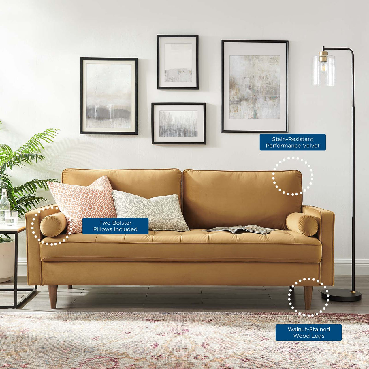 Bravien Upholstered Velvet Sofa, Cognac