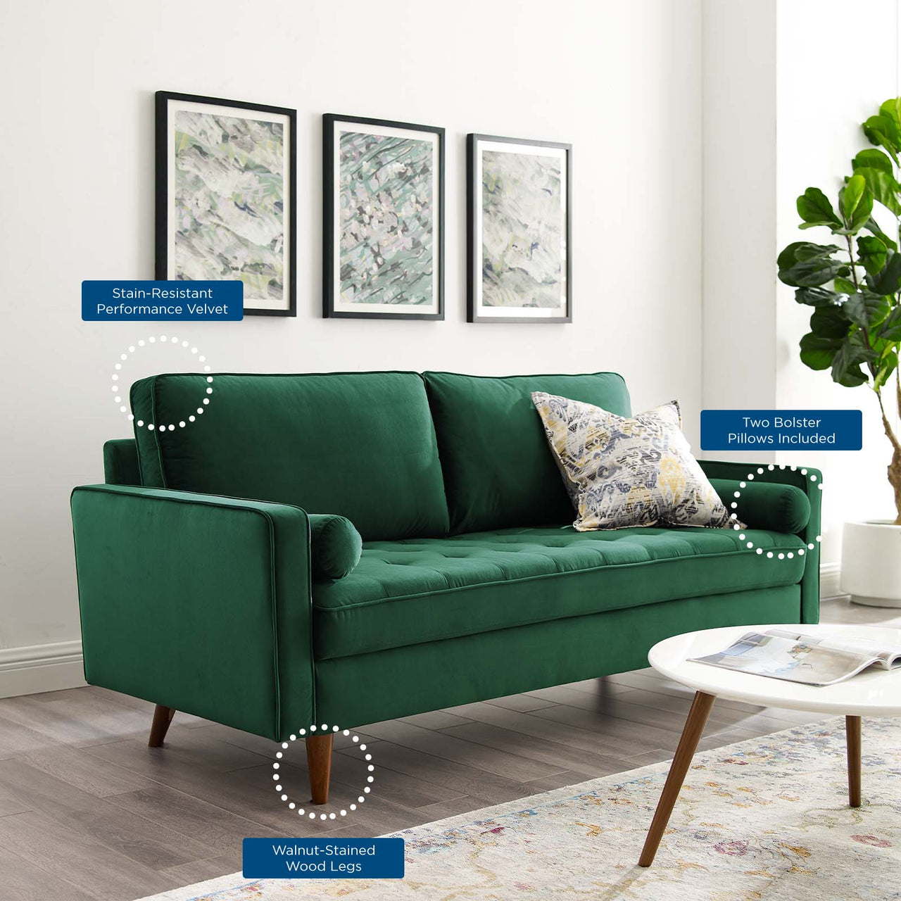 Bravien Upholstered Velvet Sofa, Green
