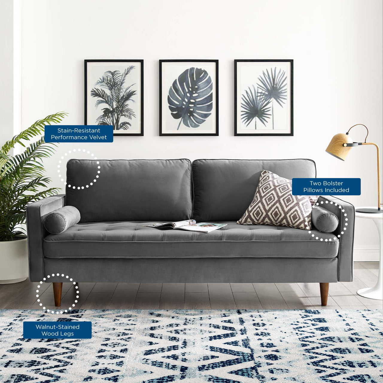 Bravien Upholstered Velvet Sofa, Gray