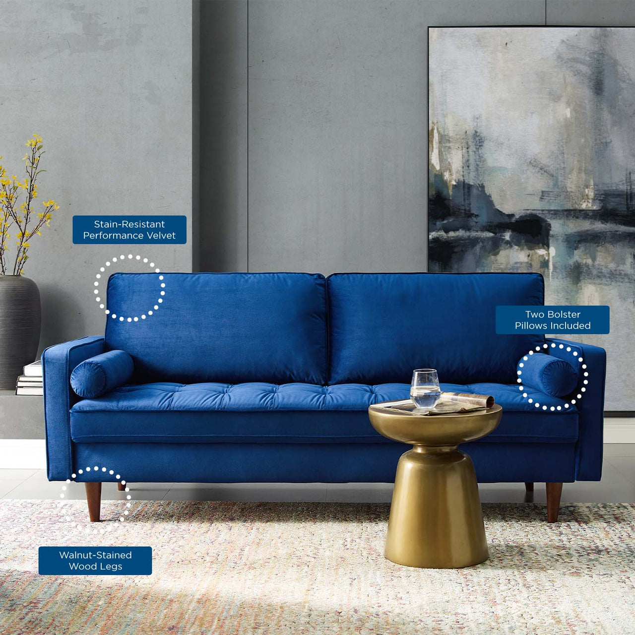 Bravien Upholstered Velvet Sofa, Navy