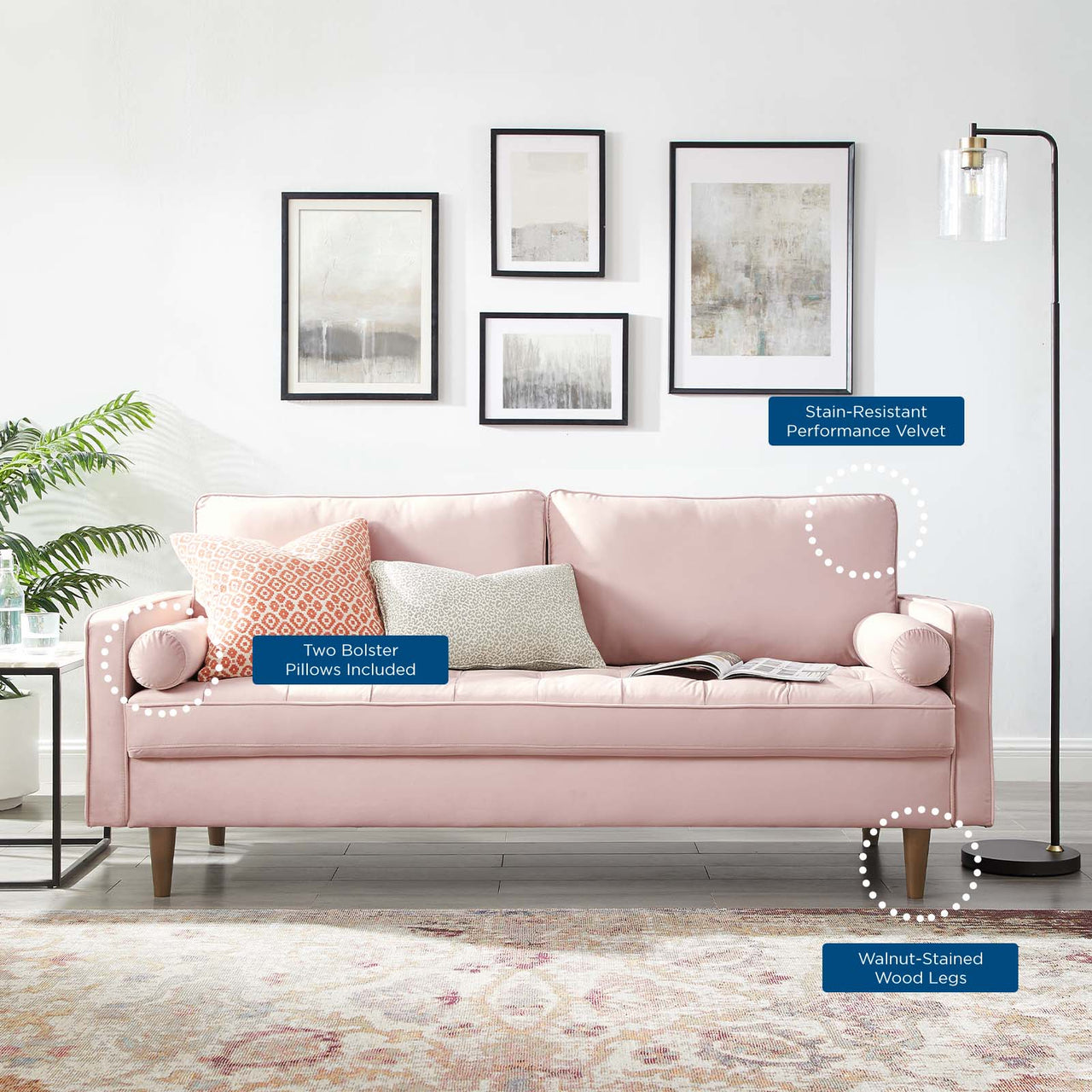 Bravien Upholstered Velvet Sofa, Pink