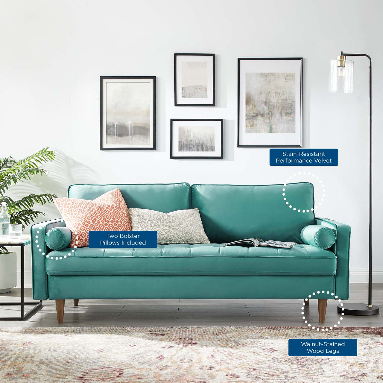 Bravien Upholstered Velvet Sofa, Teal