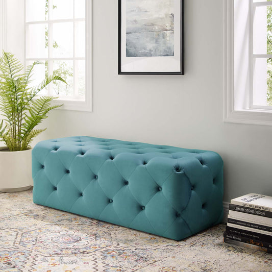 Love 48" Tufted Button Entryway Velvet Bench, Caspian Blue