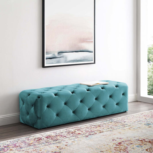 Love 60" Tufted Button Entryway Velvet Bench, Caspian Blue