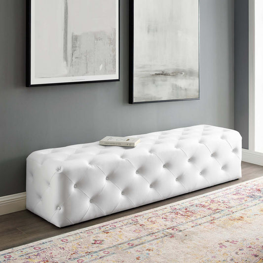 Love 72" Tufted Button Entryway Faux Leather Bench, White