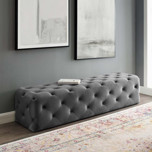 Love 72" Tufted Button Entryway Velvet Bench, Gray