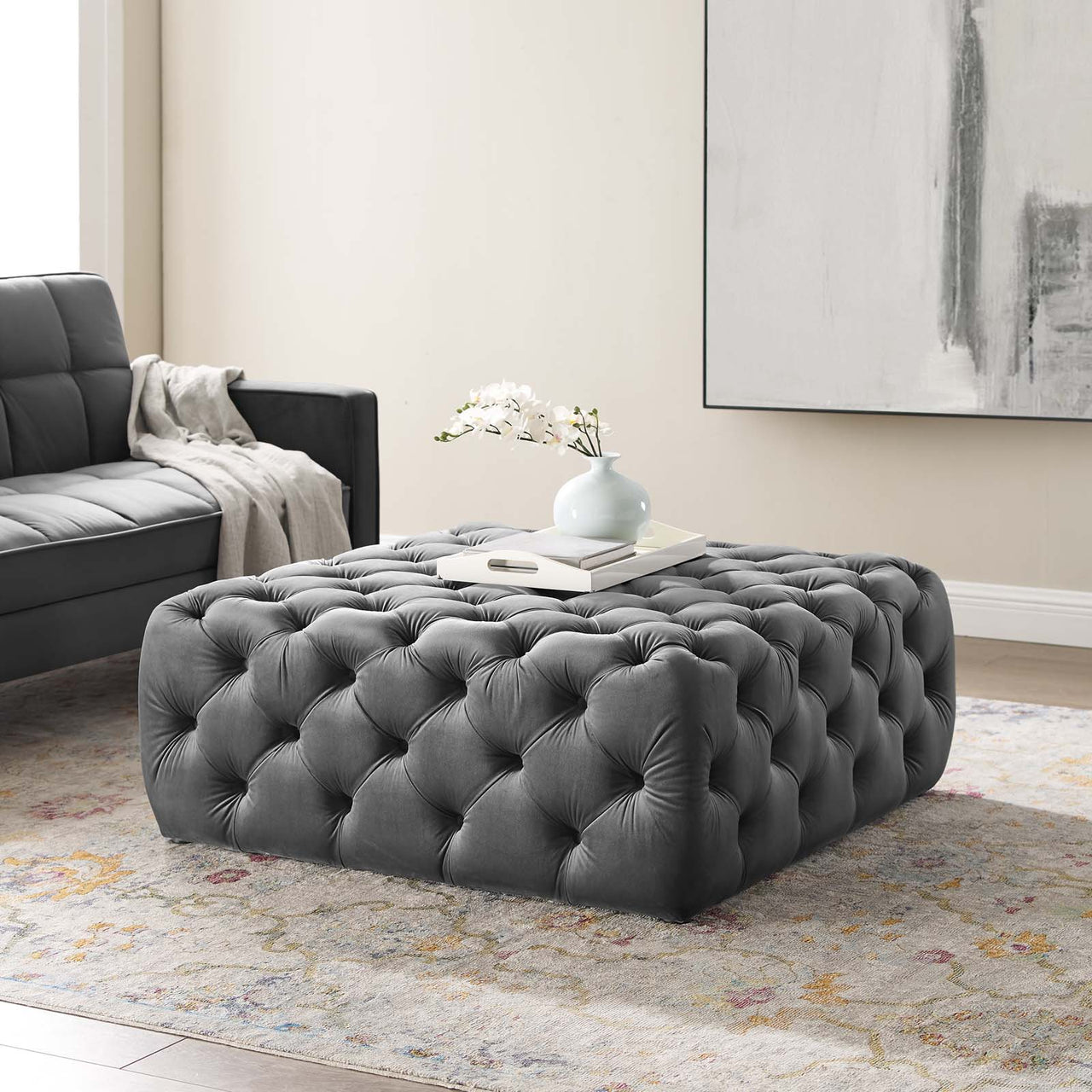 Love Square Velvet Ottoman, Large, Gray