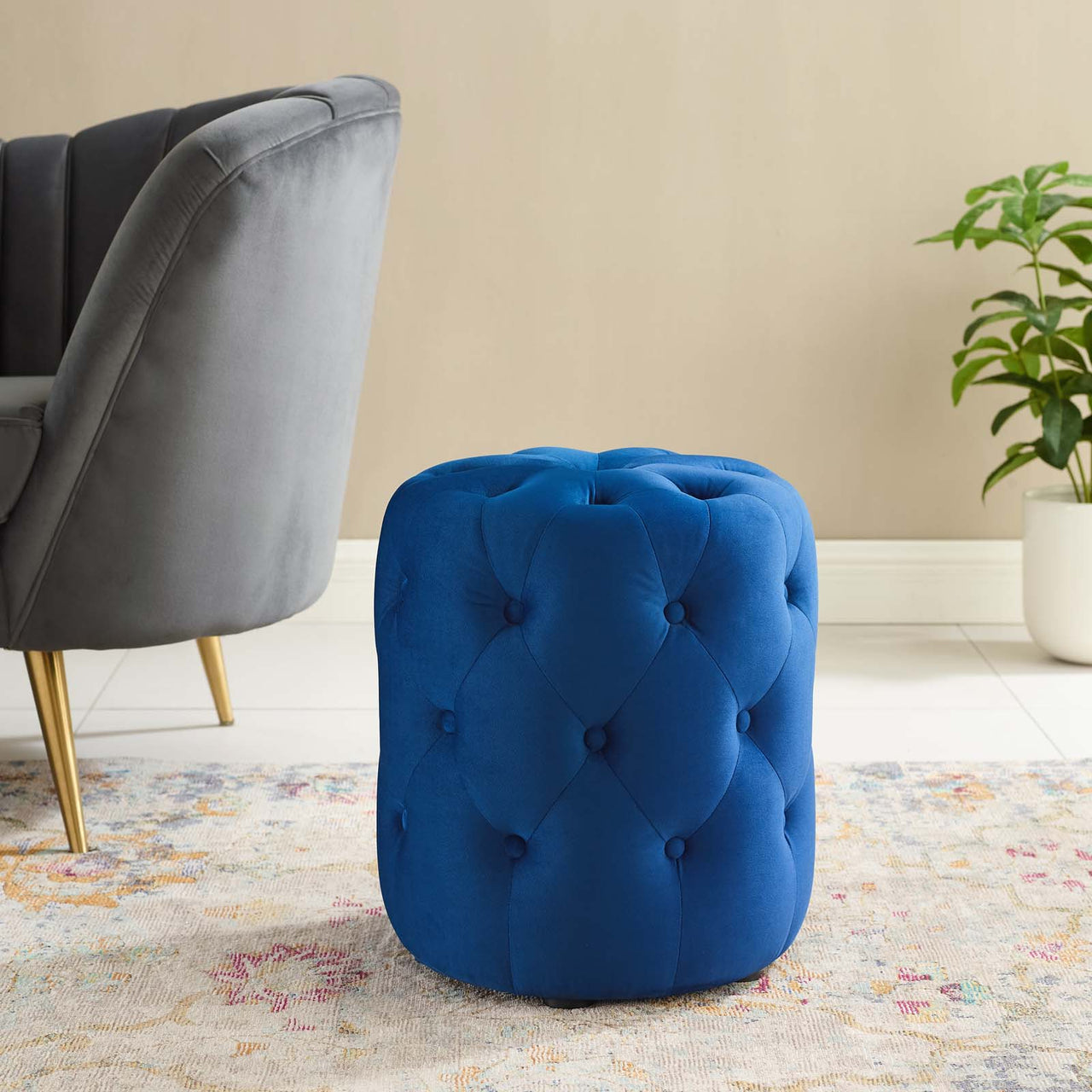 Love Round Velvet Ottoman, Small, Navy
