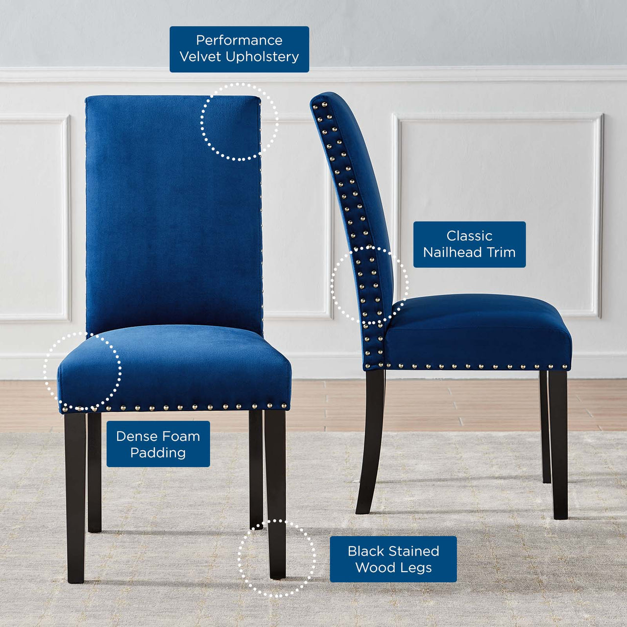 Minimalista Velvet Dining Chair Set of 2, Navy