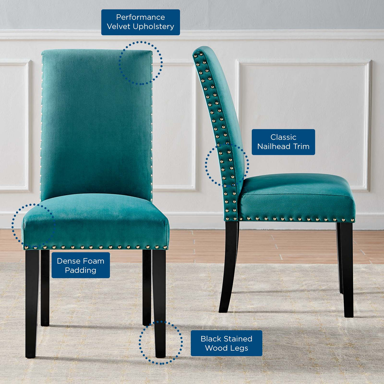Minimalista Velvet Dining Chair Set of 2, Teal