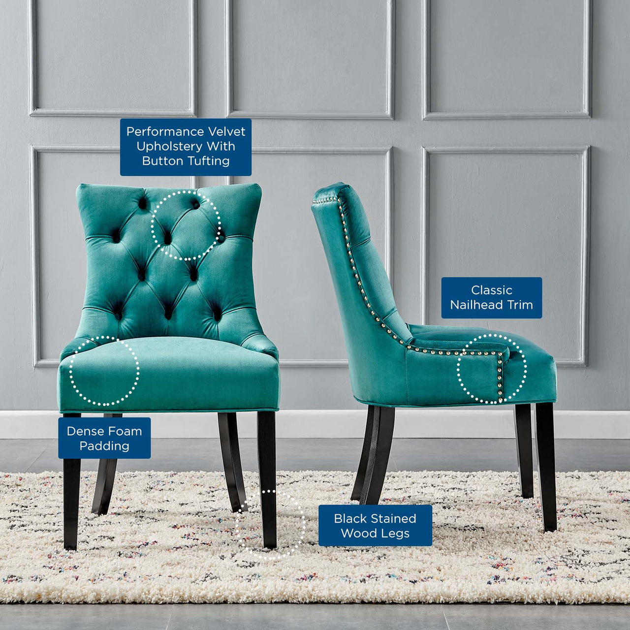 Cavell Velvet Dining Chair Set of 2, Teal