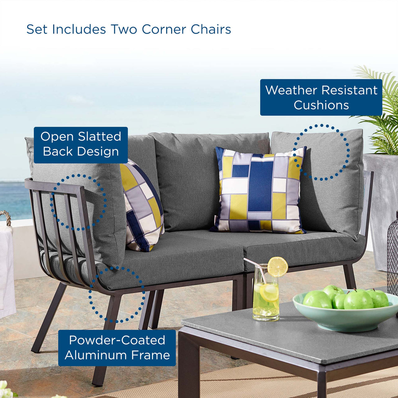 Ocevara 2-Piece Alfresco Loveseat Sectional, Gray & Charcoal