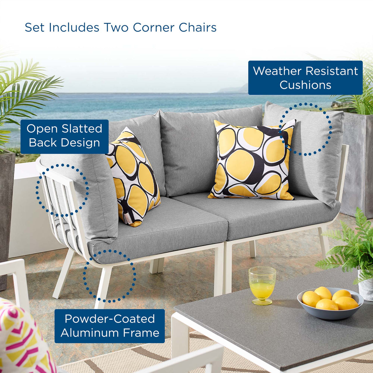 Ocevara 2-Piece Alfresco Loveseat Sectional, White & Gray