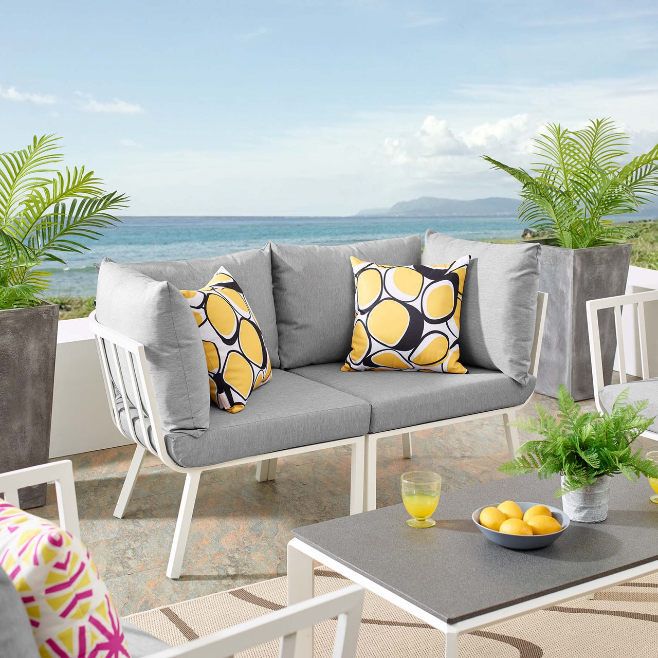 Ocevara 2-Piece Alfresco Loveseat Sectional, White & Gray