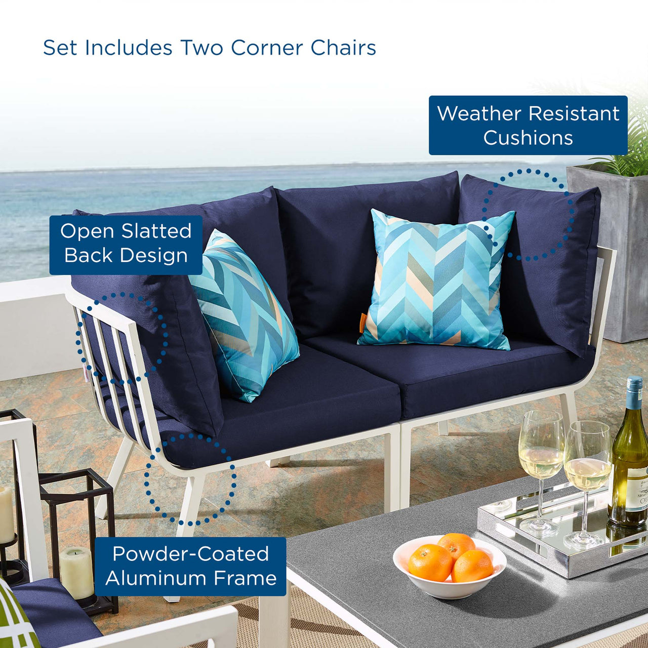 Ocevara 2-Piece Alfresco Loveseat Sectional, White & Navy