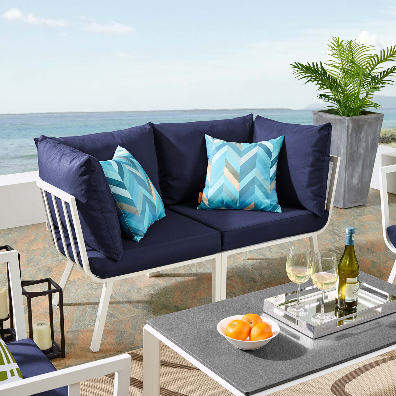 Ocevara 2-Piece Alfresco Loveseat Sectional, White & Navy