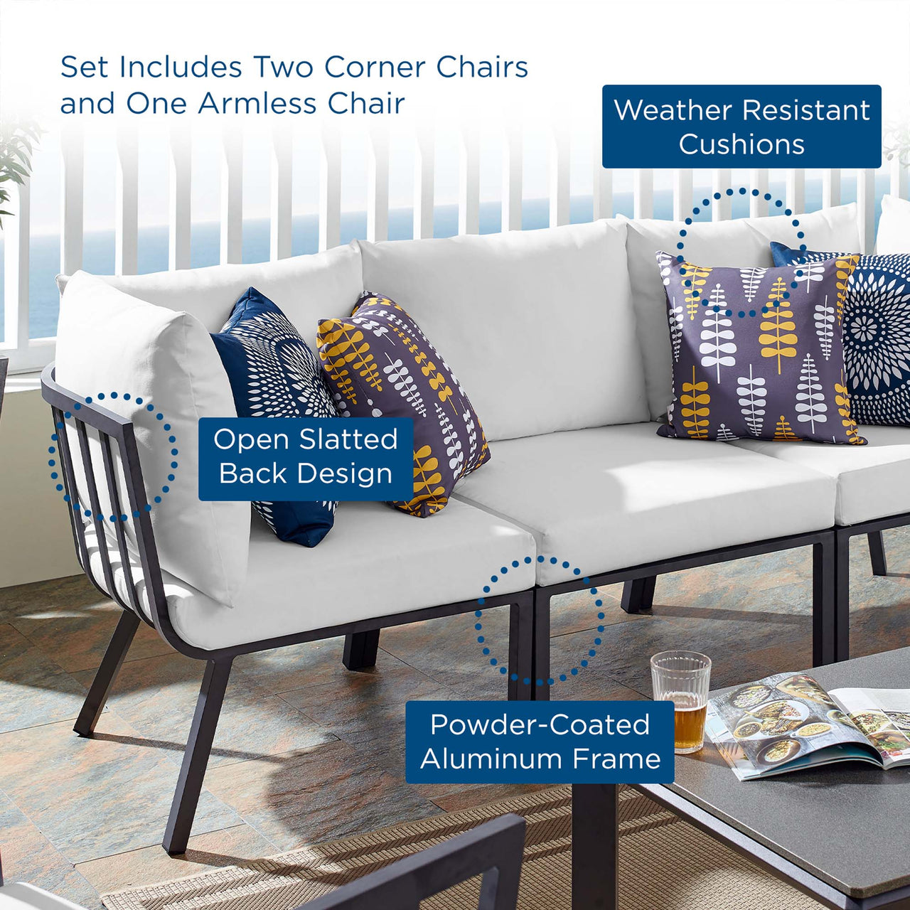 Ocevara 3-Piece Alfresco Sofa Sectional, Gray & White