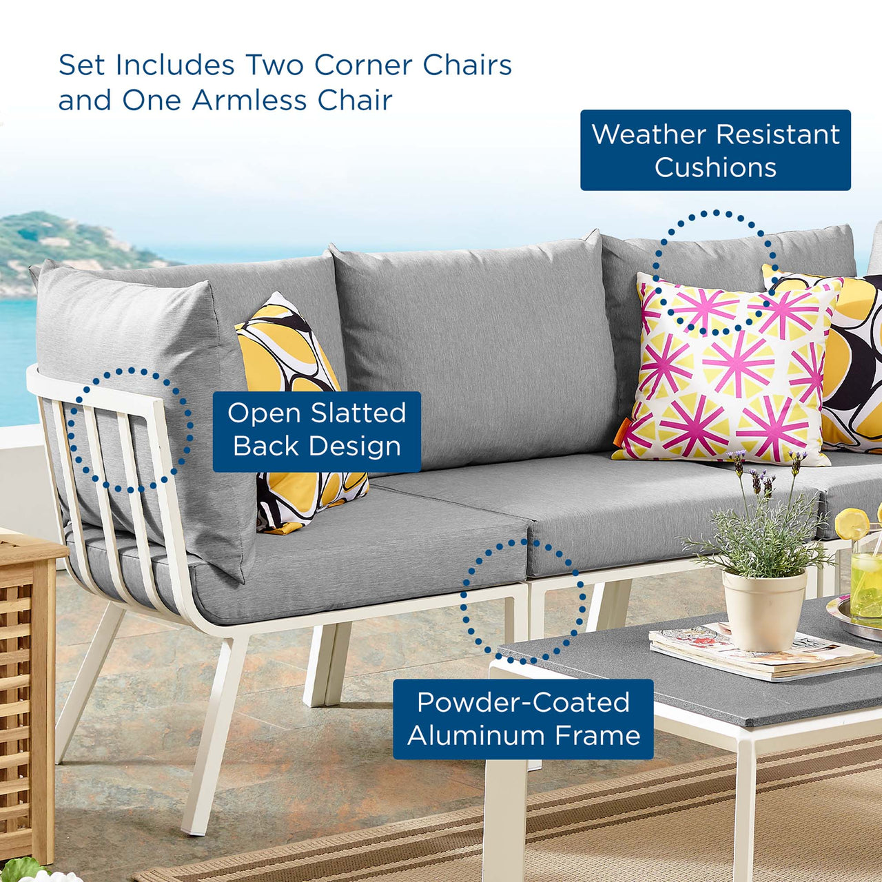 Ocevara 3-Piece Alfresco Sofa Sectional, White & Gray