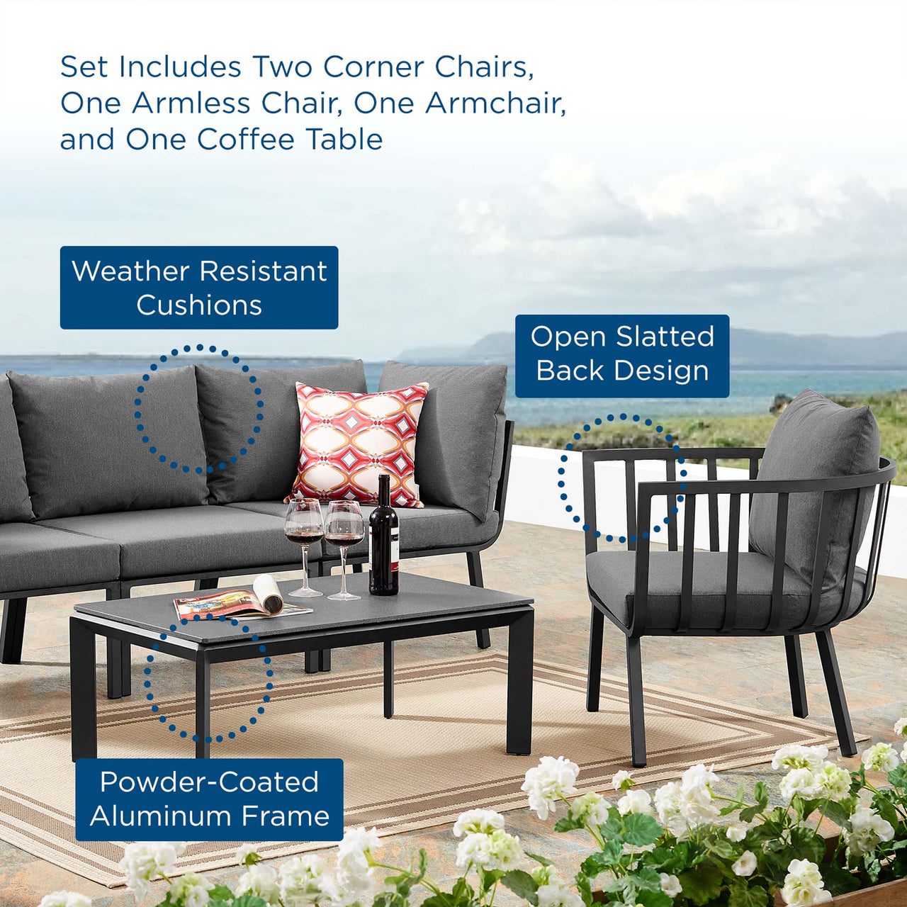 Ocevara 5-Piece Alfresco Lounge Set C , Gray & Charcoal