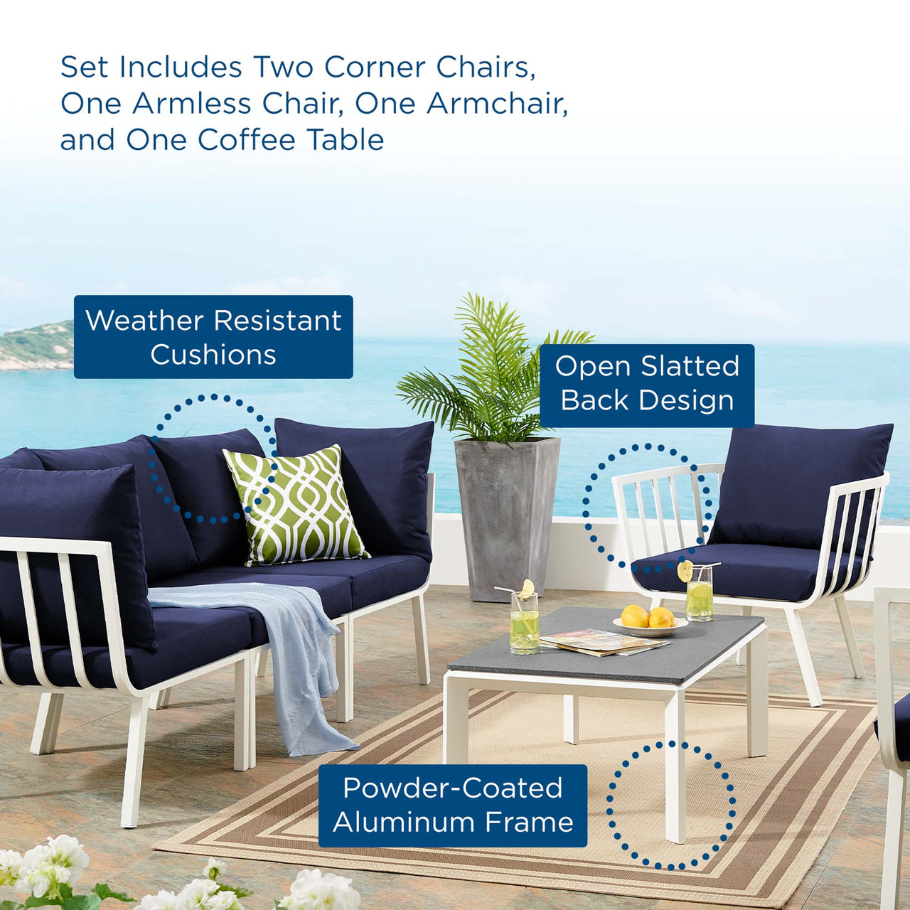 Ocevara 5-Piece Alfresco Lounge Set C , White & Navy
