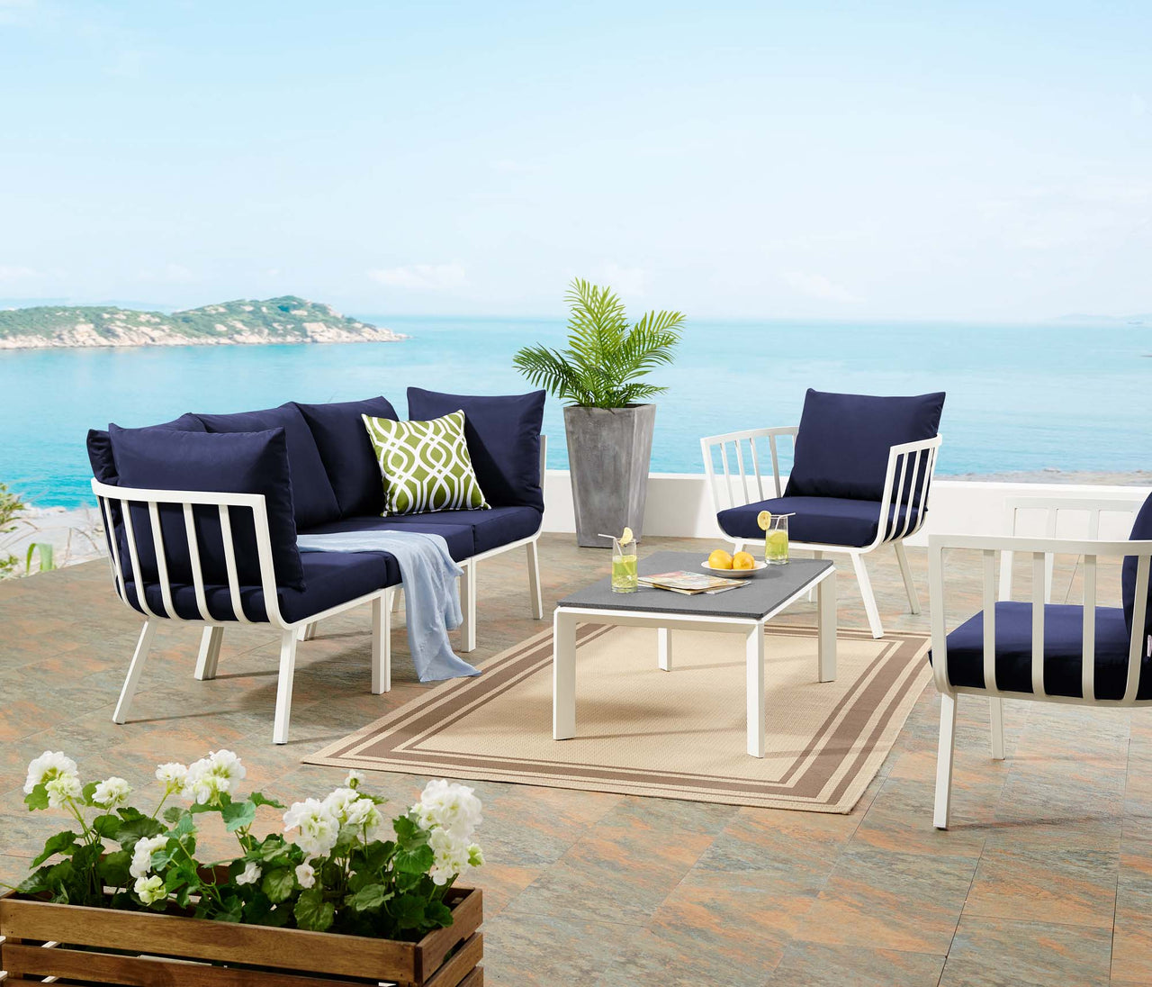 Ocevara 5-Piece Alfresco Lounge Set C , White & Navy
