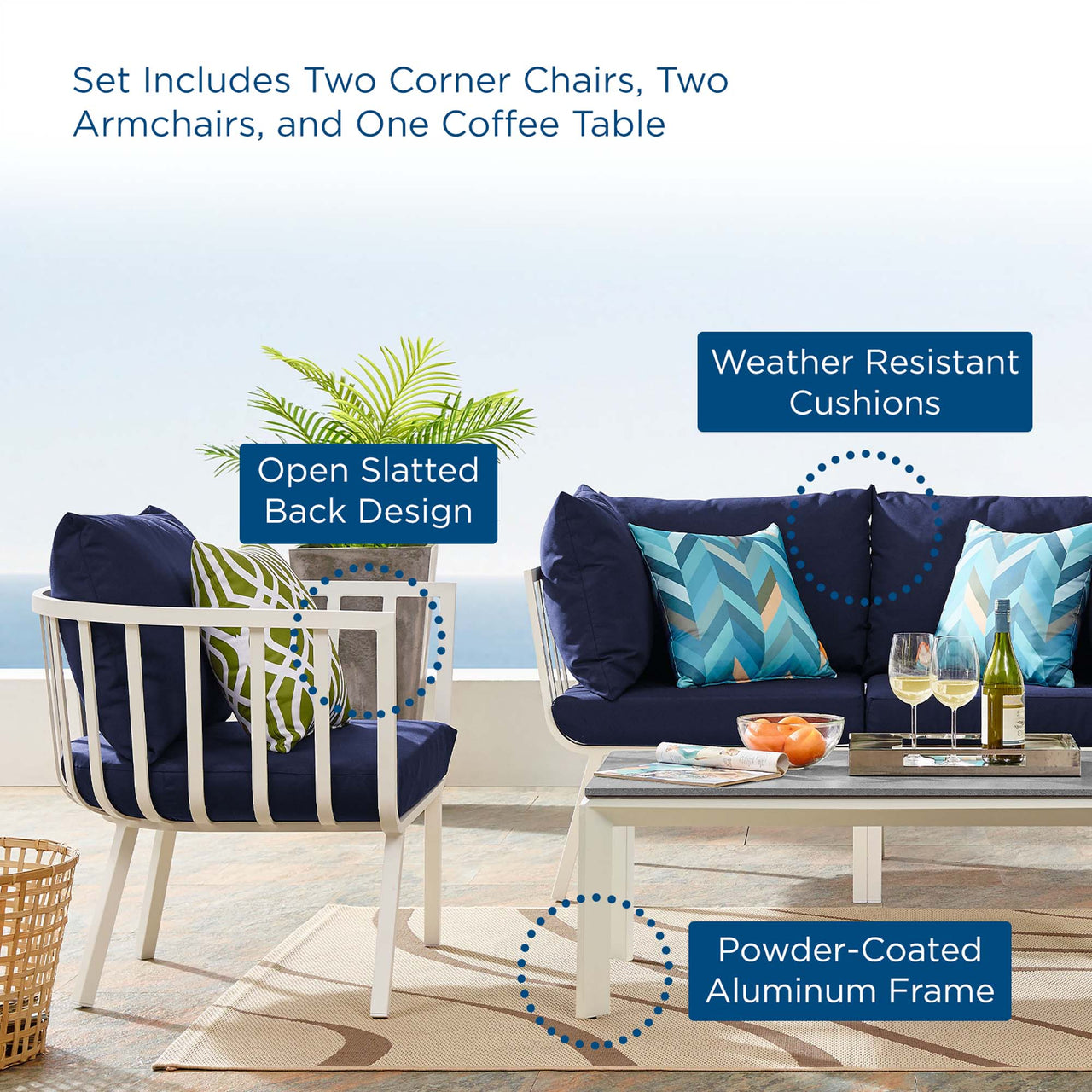 Ocevara 5-Piece Alfresco Lounge Set D , White & Navy