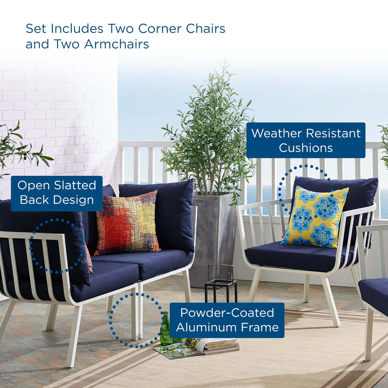 Ocevara 4-Piece Alfresco Lounge Set B, White & Navy