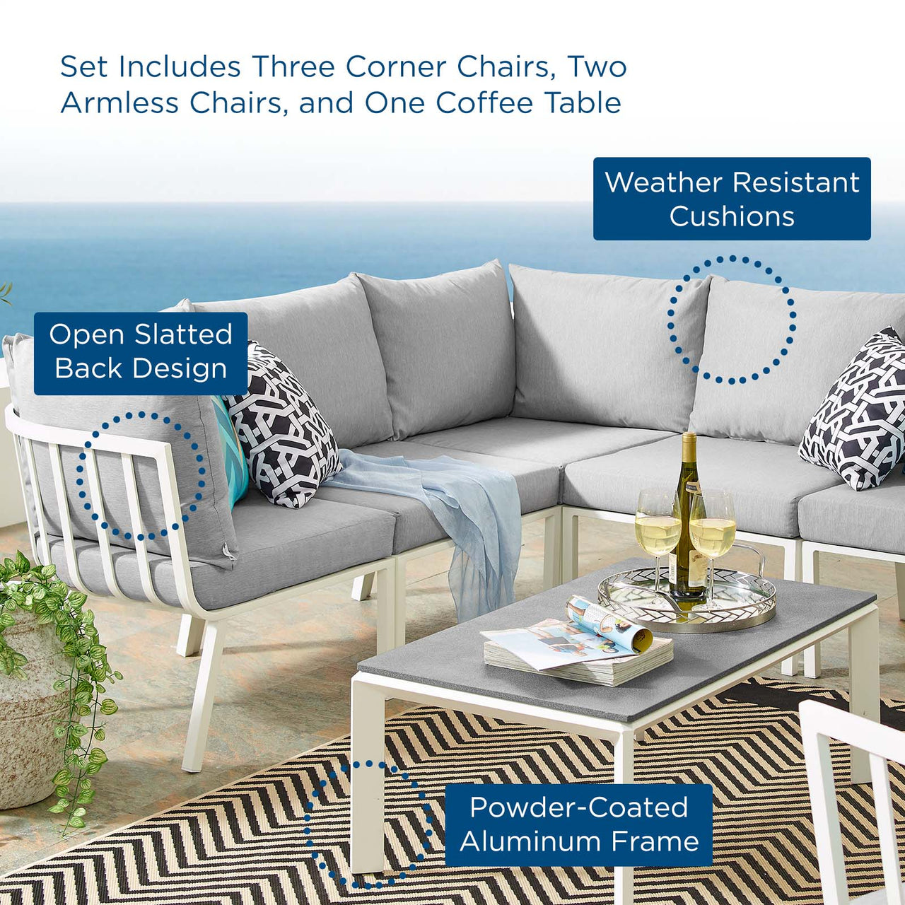 Ocevara 6-Piece Alfresco Lounge Set B, White & Gray