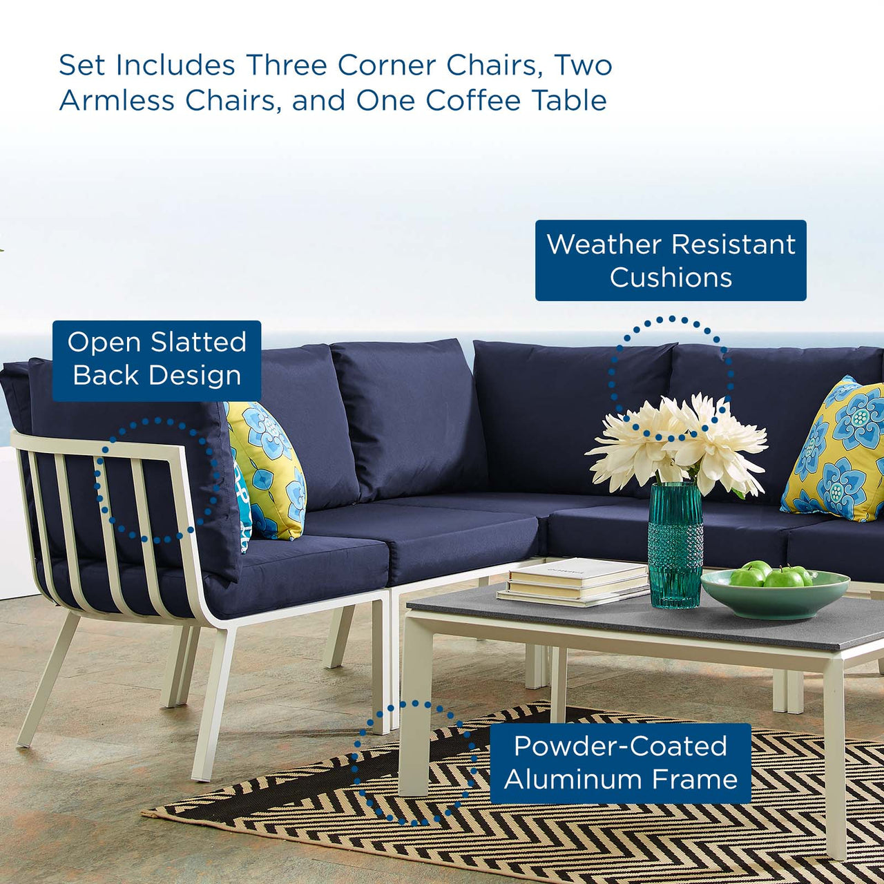 Ocevara 6-Piece Alfresco Lounge Set B, White & Navy