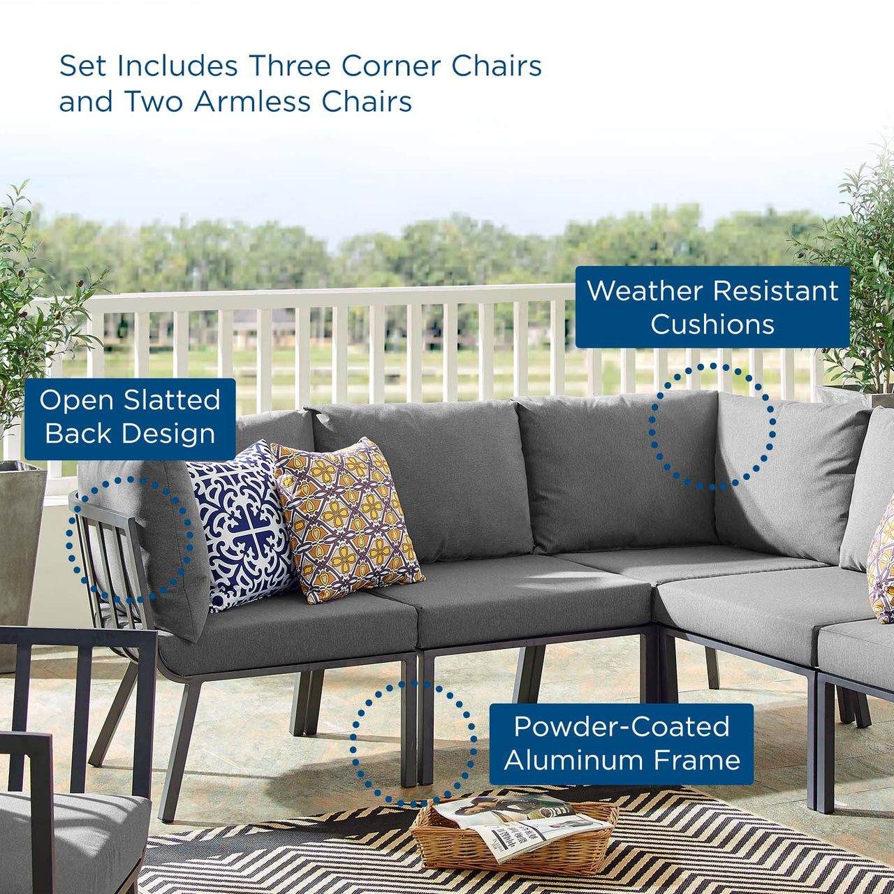 Ocevara 5-Piece Alfresco Sectional, Gray & Charcoal