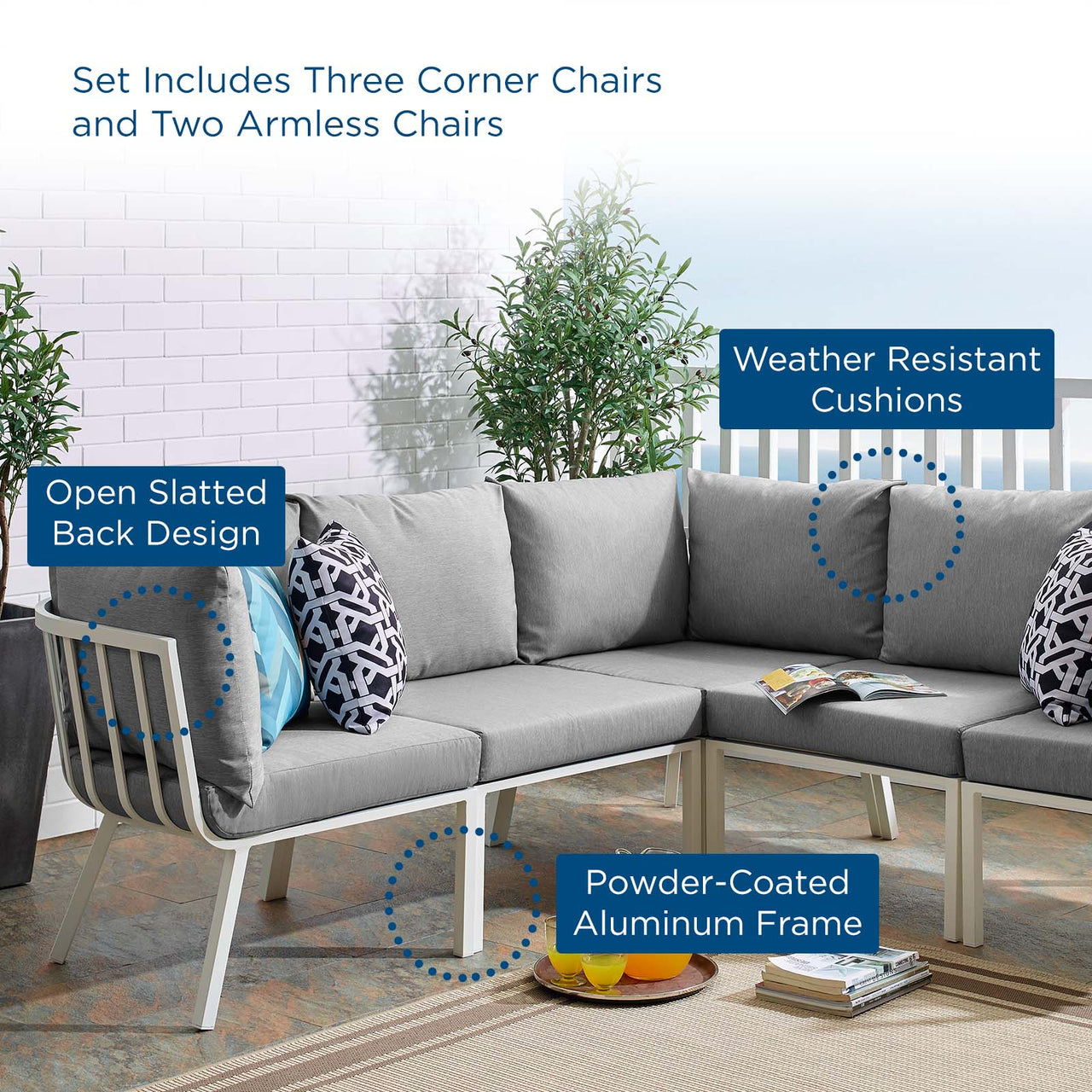 Ocevara 5-Piece Alfresco Sectional, White & Gray