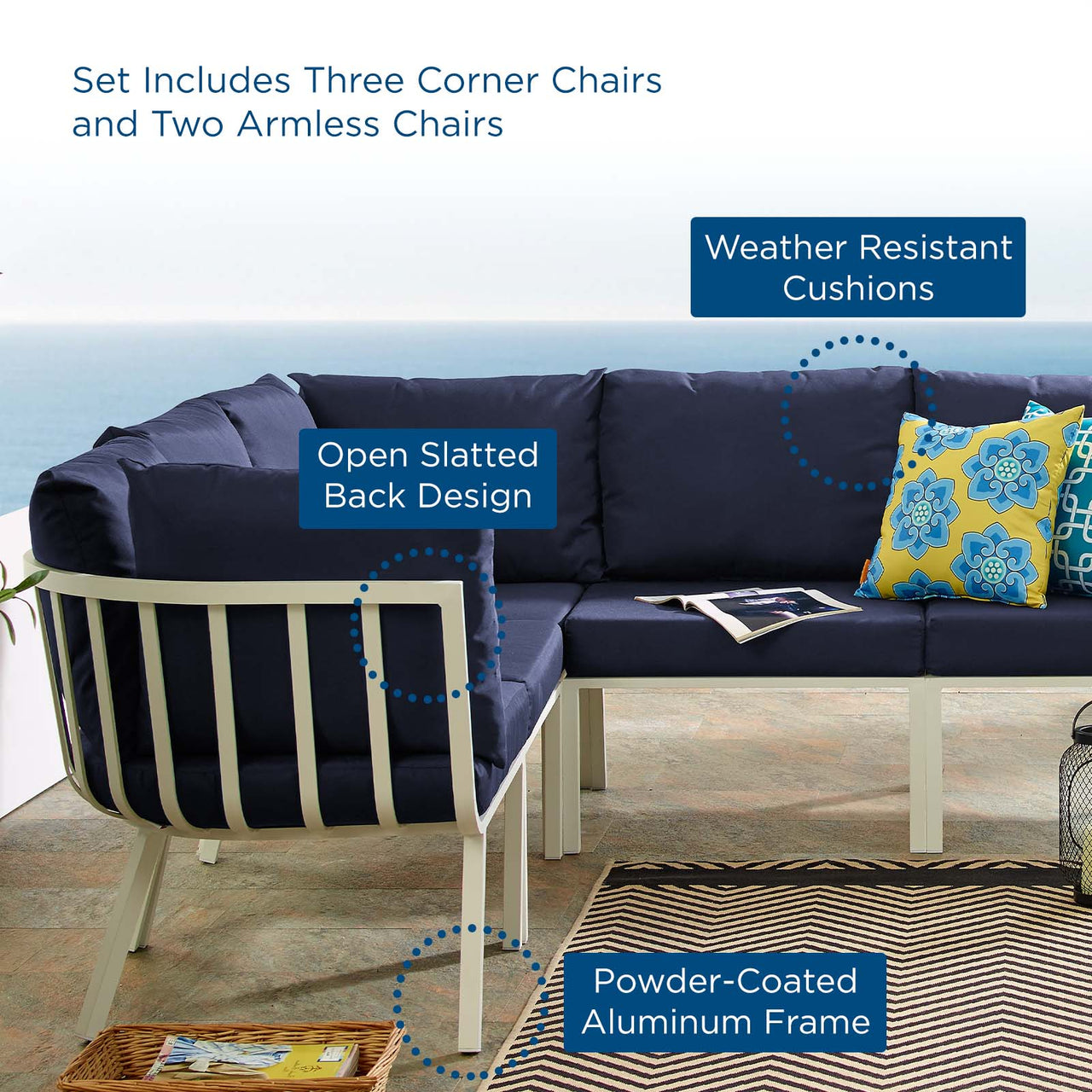 Ocevara 5-Piece Alfresco Sectional, White & Navy